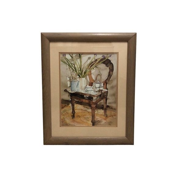 Vintage Tea Tray and Irises by Richard Akerman Watercolor Print Framed